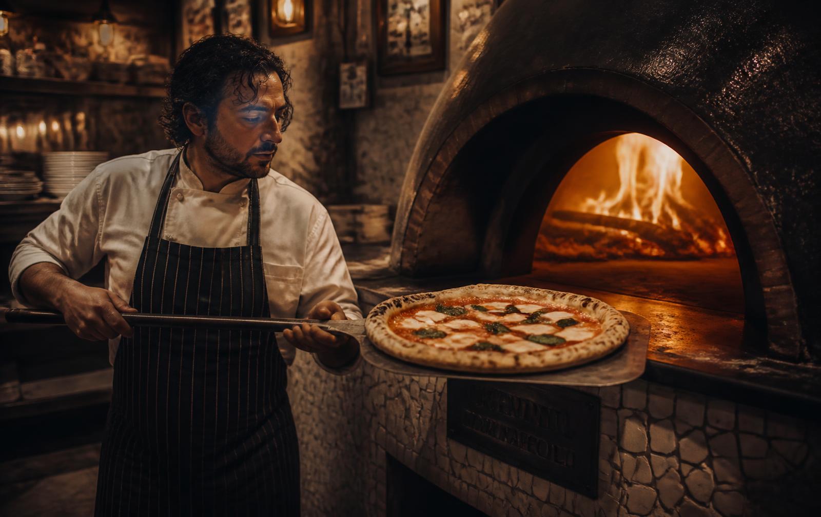 Piekarz wyjmuje neapolitańską pizzę z pieca opalanego drewnem w La Trattoria